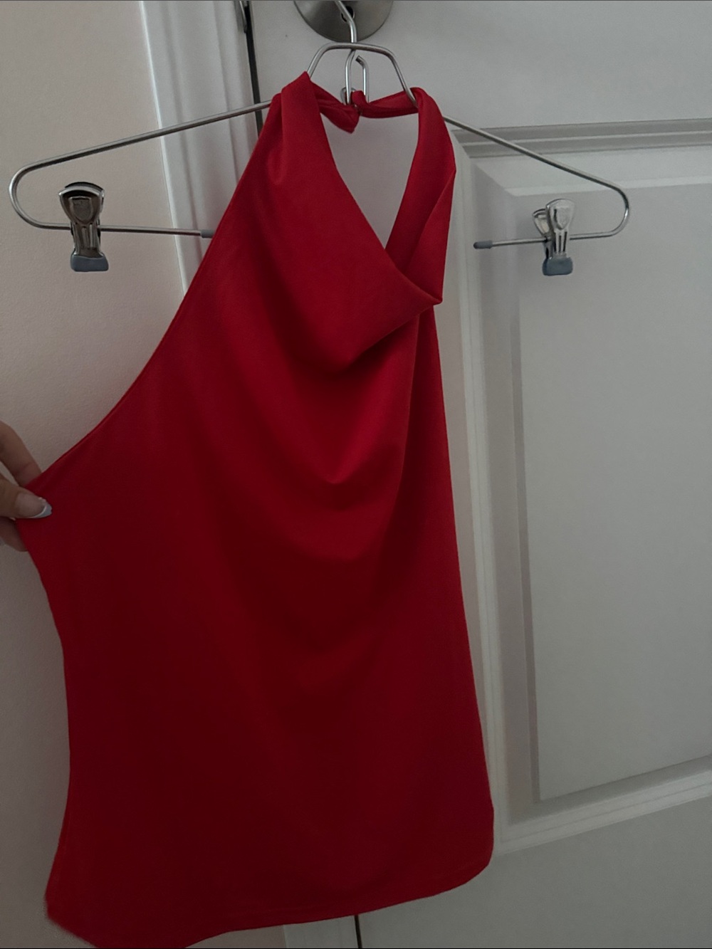 Red halter backless top